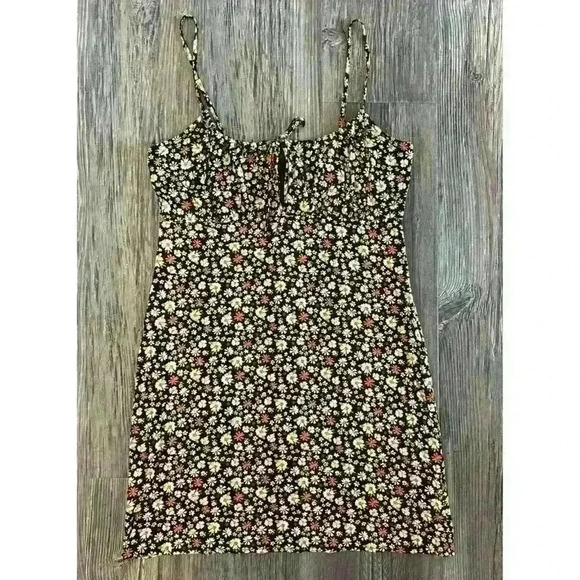 Forever 21 Front Tie Dress Juniors XL Sleeveless Sundress Black Yellow Floral - Picture 1 of 9